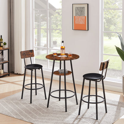 Round bar stool set with shelf, upholstered stool with backrest, Rustic Brown, 23.62inch  W x 23.62inch  D x 35.43inch  H