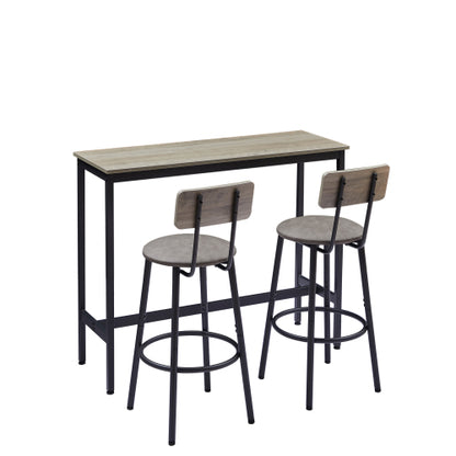 Bar Table Set with 2 Bar stools PU Soft seat with backrest, Grey, 43.31inch  L x 15.75inch  W x 35.43inch  H.