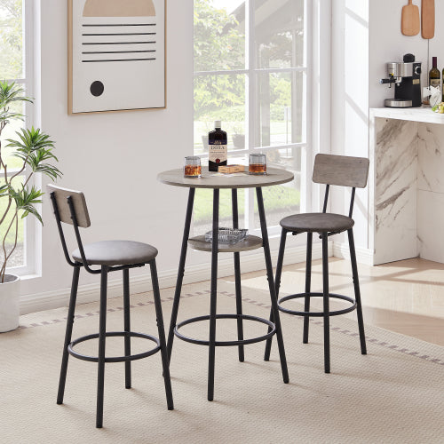 Round bar stool set with shelf, upholstered stool with backrest Grey, 23.62inch  W x 23.62inch  D x 35.43inch  H.