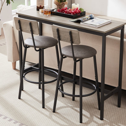 Bar Table Set with 2 Bar stools PU Soft seat with backrest, Grey, 43.31inch  L x 15.75inch  W x 35.43inch  H.