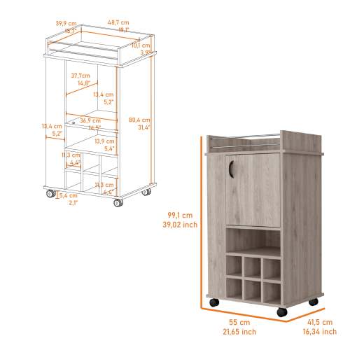 1-Door Bar Cart with Wine Rack and Casters Light Gray