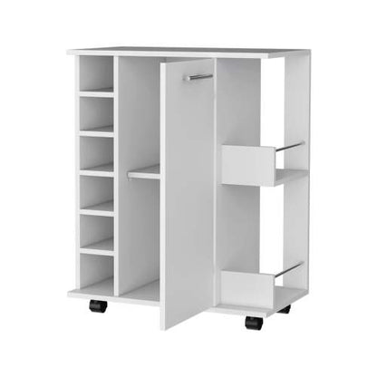 Woodland Bar Cart with Casters, Wine Rack and Open Shelf White