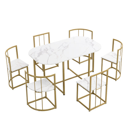 7-Piece Golden & White Faux Marble Dining Set, 53.5inch  Table & 6 Chairs