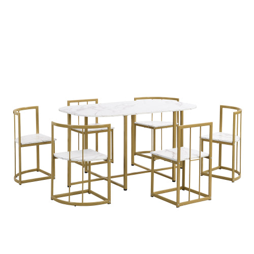 7-Piece Golden & White Faux Marble Dining Set, 53.5inch  Table & 6 Chairs