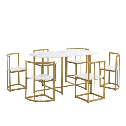 7-Piece Golden & White Faux Marble Dining Set, 53.5inch  Table & 6 Chairs