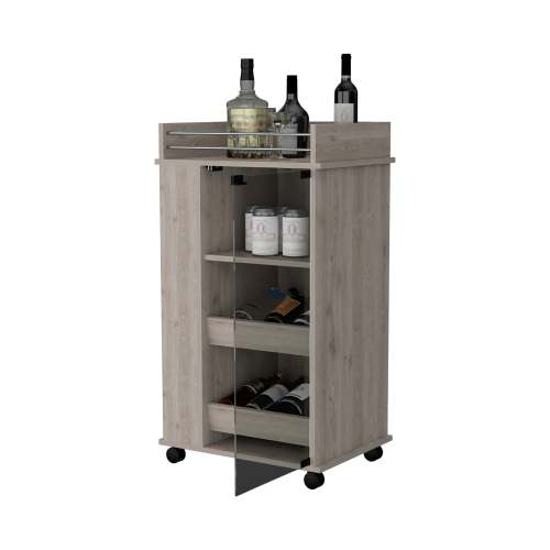 Glass Door Bar Cart with Bottle Holder and Casters Light Gray