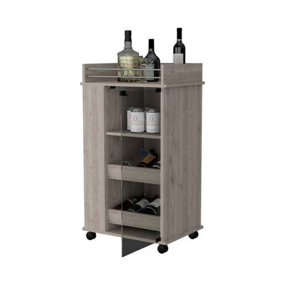 Glass Door Bar Cart with Bottle Holder and Casters Light Gray