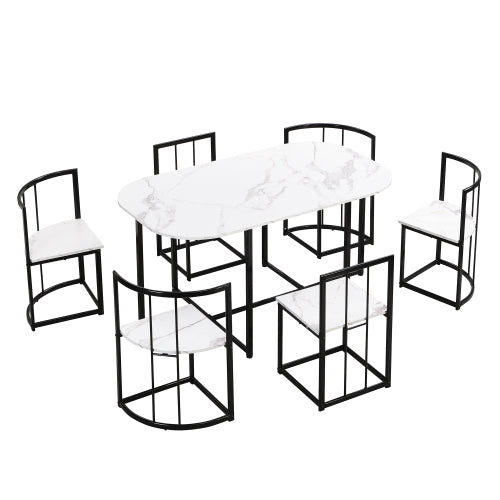 7-Piece Black & White Faux Marble Dining Set, 53.5inch  Table & 6 Chairs