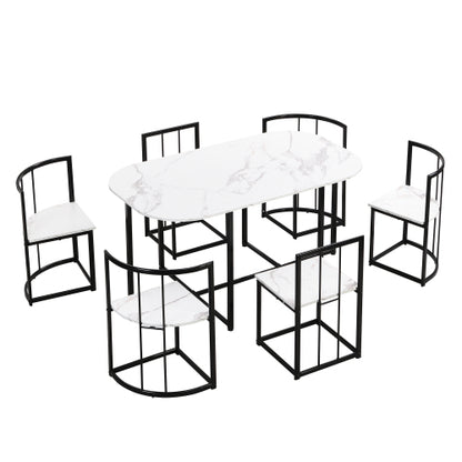7-Piece Black & White Faux Marble Dining Set, 53.5inch  Table & 6 Chairs