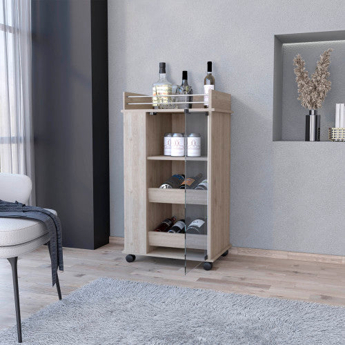 Glass Door Bar Cart with Bottle Holder and Casters Light Gray