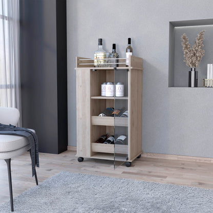 Glass Door Bar Cart with Bottle Holder and Casters Light Gray