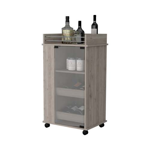 Glass Door Bar Cart with Bottle Holder and Casters Light Gray