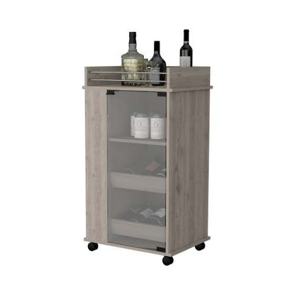 Glass Door Bar Cart with Bottle Holder and Casters Light Gray