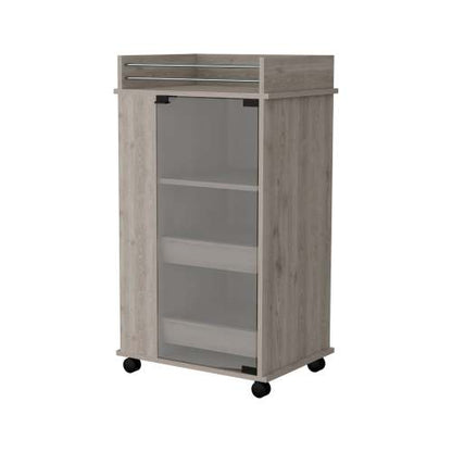Glass Door Bar Cart with Bottle Holder and Casters Light Gray
