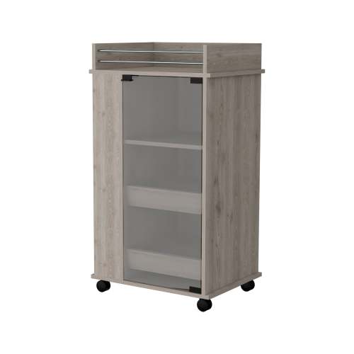 Glass Door Bar Cart with Bottle Holder and Casters Light Gray