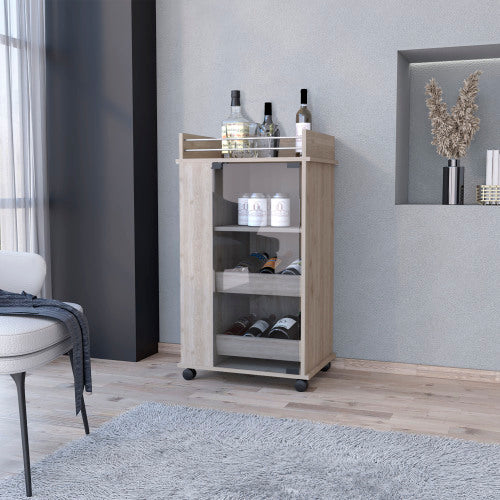 Glass Door Bar Cart with Bottle Holder and Casters Light Gray