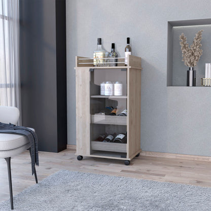 Glass Door Bar Cart with Bottle Holder and Casters Light Gray
