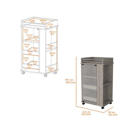 Glass Door Bar Cart with Bottle Holder and Casters Light Gray