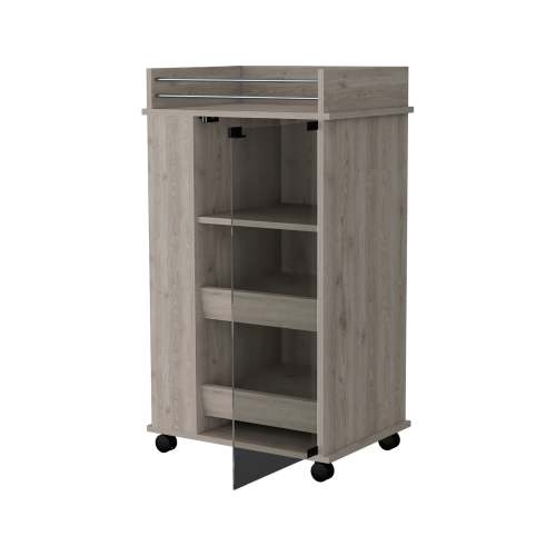 Glass Door Bar Cart with Bottle Holder and Casters Light Gray