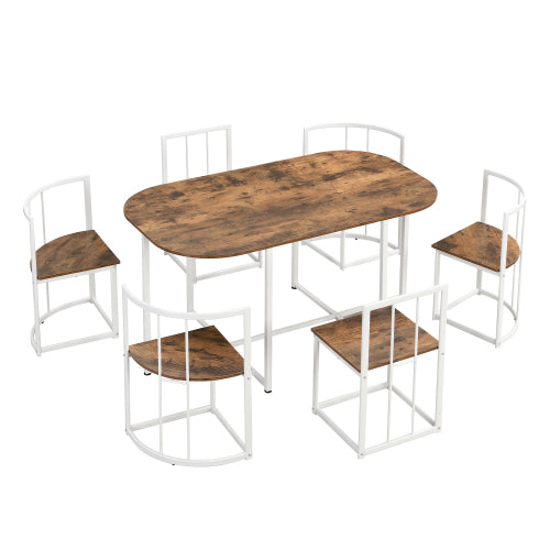 7-Piece White & Cherry Dining Set, Faux Marble Table & 6 Chairs
