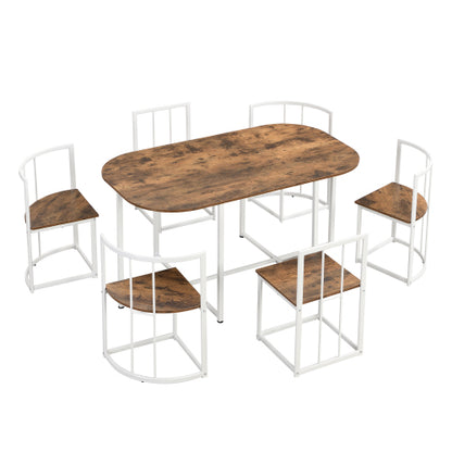 7-Piece White & Cherry Dining Set, Faux Marble Table & 6 Chairs