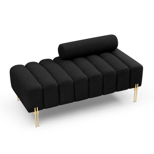 53.2inch  Width Modern End of Bed Bench Sherpa Fabric Upholstered 2 Seater Sofa Couch Entryway Ottoman Bench Fuzzy Sofa Stool Footrest Window Bench with Gold Metal Legs for Bedroom Living Room,Black