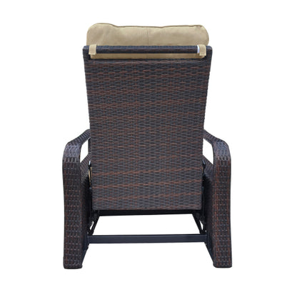Outdoor Recliner, Automatic Adjustable Wicker Lounge Recliner Chair with Comfy Thicken Cushion, All Weather Aluminum Frame, Brown Wicker + Khaki Cushion