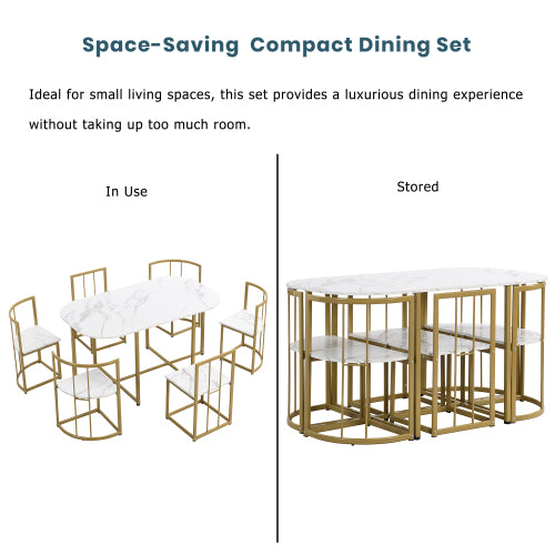 7-Piece Golden & White Faux Marble Dining Set, 53.5inch  Table & 6 Chairs