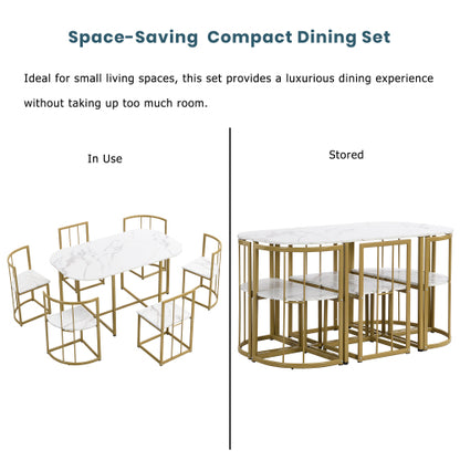 7-Piece Golden & White Faux Marble Dining Set, 53.5inch  Table & 6 Chairs