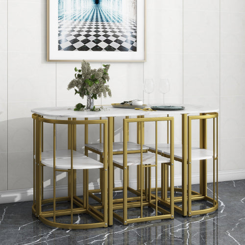 7-Piece Golden & White Faux Marble Dining Set, 53.5inch  Table & 6 Chairs