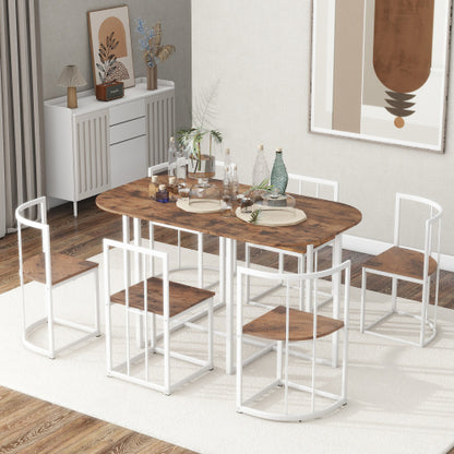 7-Piece White & Cherry Dining Set, Faux Marble Table & 6 Chairs