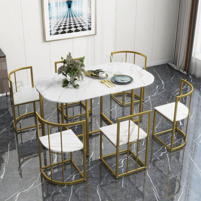 7-Piece Golden & White Faux Marble Dining Set, 53.5inch  Table & 6 Chairs