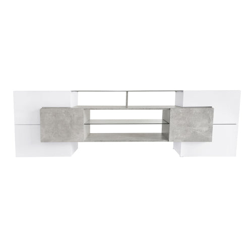 78.7 Inch Unique Shape High Gloss Grey TV Stand LED Illuminated Tempered Glass Shelves for Up To 88 Inch TV