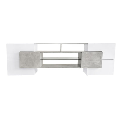 78.7 Inch Unique Shape High Gloss Grey TV Stand LED Illuminated Tempered Glass Shelves for Up To 88 Inch TV