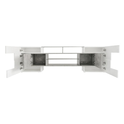 78.7 Inch Unique Shape High Gloss Grey TV Stand LED Illuminated Tempered Glass Shelves for Up To 88 Inch TV