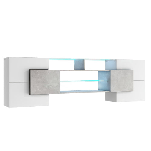 78.7 Inch Unique Shape High Gloss Grey TV Stand LED Illuminated Tempered Glass Shelves for Up To 88 Inch TV