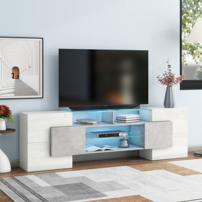 78.7 Inch Unique Shape High Gloss Grey TV Stand LED Illuminated Tempered Glass Shelves for Up To 88 Inch TV