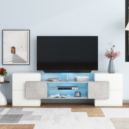 78.7 Inch Unique Shape High Gloss Grey TV Stand LED Illuminated Tempered Glass Shelves for Up To 88 Inch TV