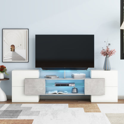 78.7 Inch Unique Shape High Gloss Grey TV Stand LED Illuminated Tempered Glass Shelves for Up To 88 Inch TV