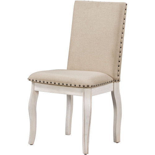 Set of 2 Oak Natural Wood Dining Chairs, Fabric Upholstered with Antique Bronze Nailhead Trim, Antique White Finish