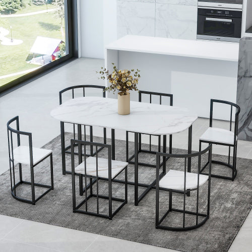 7-Piece Black & White Faux Marble Dining Set, 53.5inch  Table & 6 Chairs