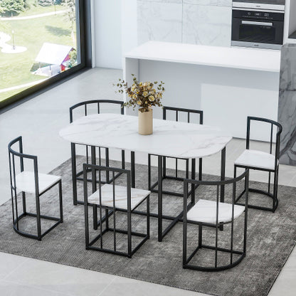 7-Piece Black & White Faux Marble Dining Set, 53.5inch  Table & 6 Chairs