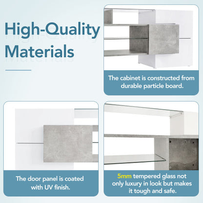 78.7 Inch Unique Shape High Gloss Grey TV Stand LED Illuminated Tempered Glass Shelves for Up To 88 Inch TV