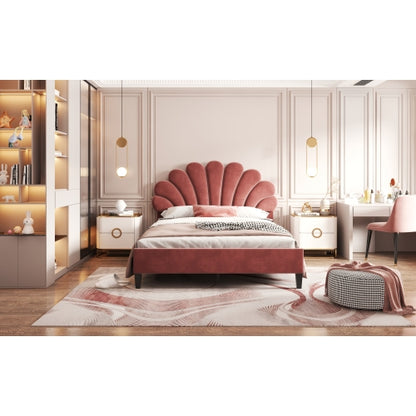 Full Size Upholstered Platform Bed with Flower Pattern Velvet Headboard, Bean Paste Red
