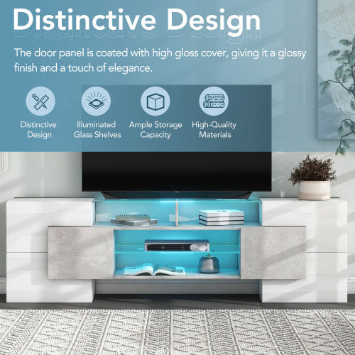 78.7 Inch Unique Shape High Gloss Grey TV Stand LED Illuminated Tempered Glass Shelves for Up To 88 Inch TV