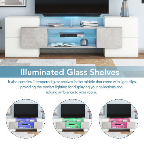 78.7 Inch Unique Shape High Gloss Grey TV Stand LED Illuminated Tempered Glass Shelves for Up To 88 Inch TV