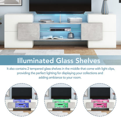 78.7 Inch Unique Shape High Gloss Grey TV Stand LED Illuminated Tempered Glass Shelves for Up To 88 Inch TV