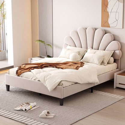 Full Size Upholstered Platform Bed with Flower Pattern Velvet Headboard, Beige