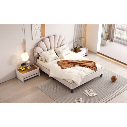 Full Size Upholstered Platform Bed with Flower Pattern Velvet Headboard, Beige