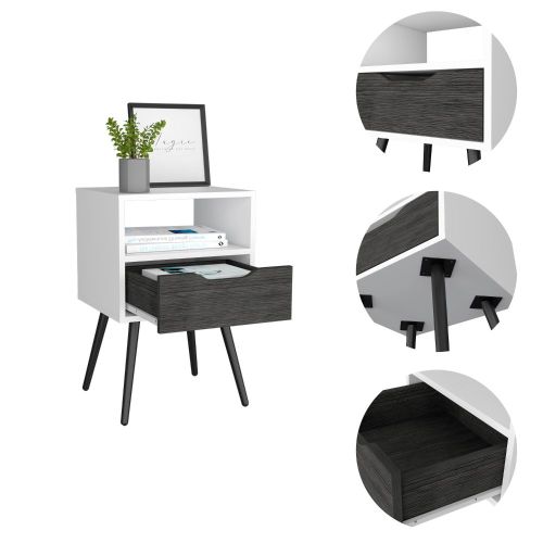 Smokey Oak & White Nightstand with Drawer & Shelf